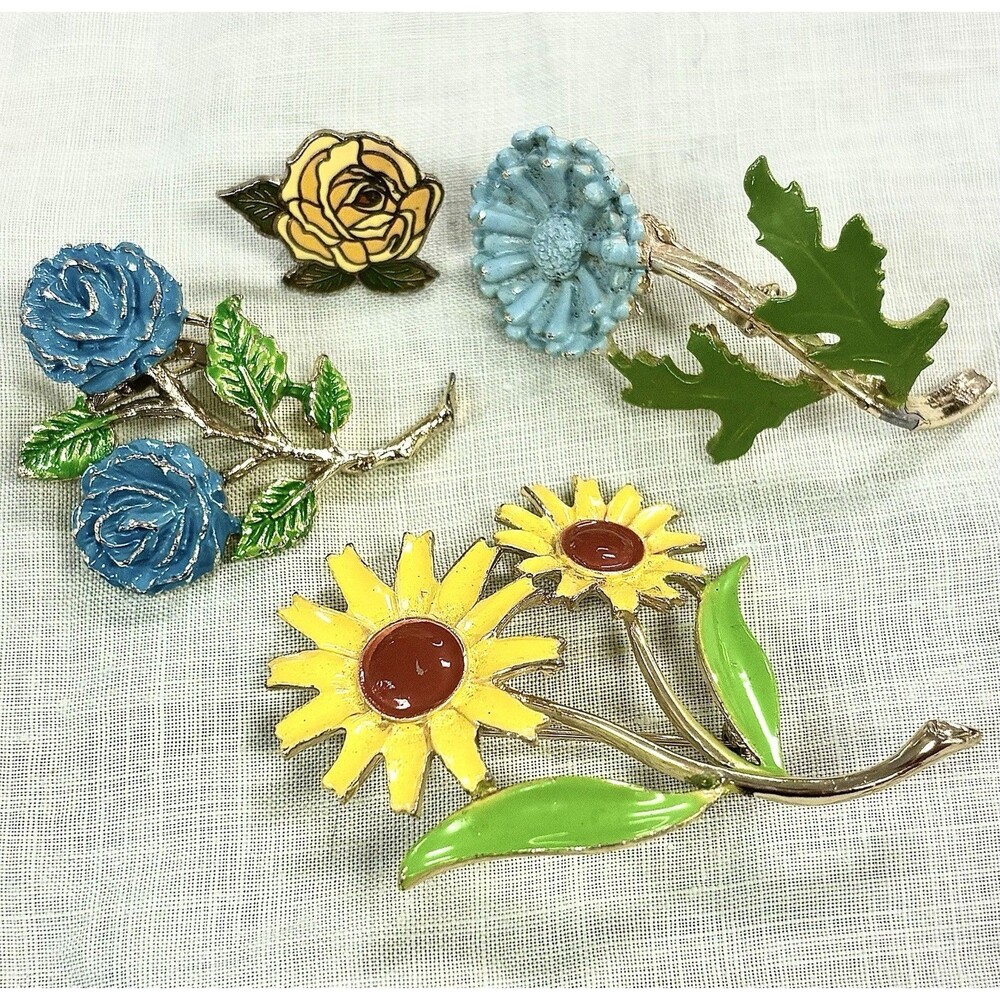 VTG Enamel Flower Brooch Lot 5 Floral Pins Blue Yellow Retro Mid Century Jewelry